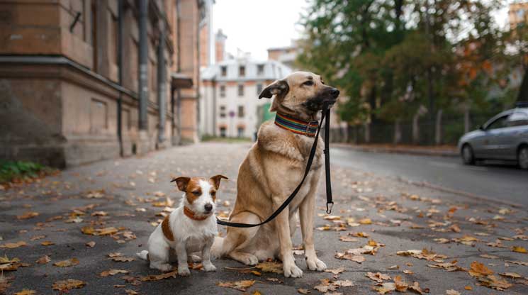 Dog holding leash with other dog