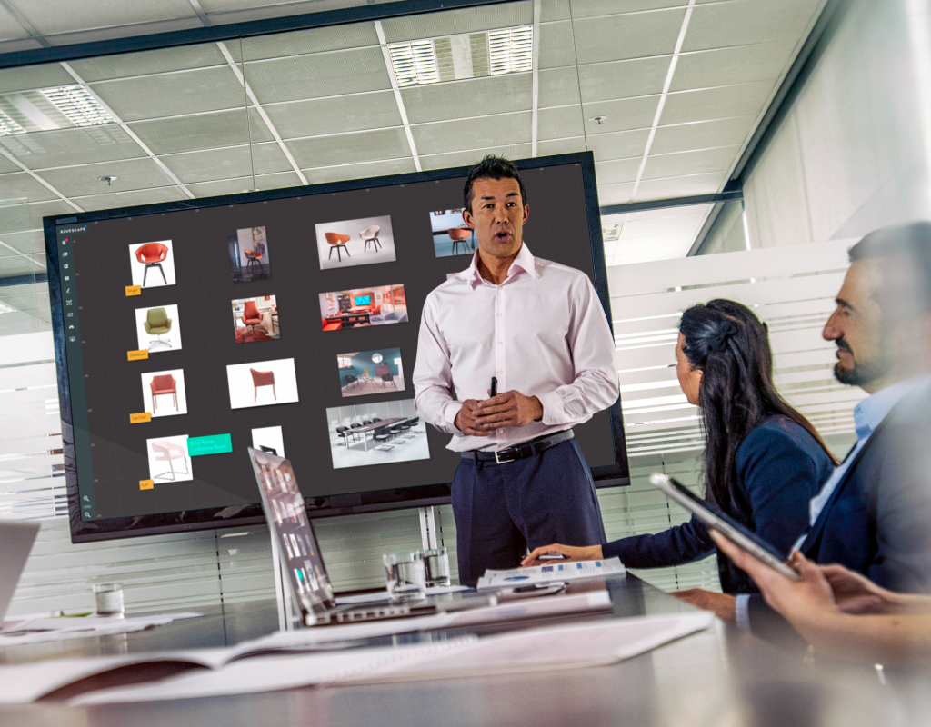 Man using Bluescape on large touchscreen